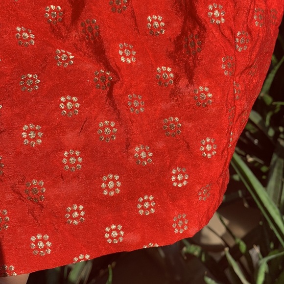 FIERY RED saree blouse with golden thread work. Full back. Zips on sides. - Picture 6 of 9